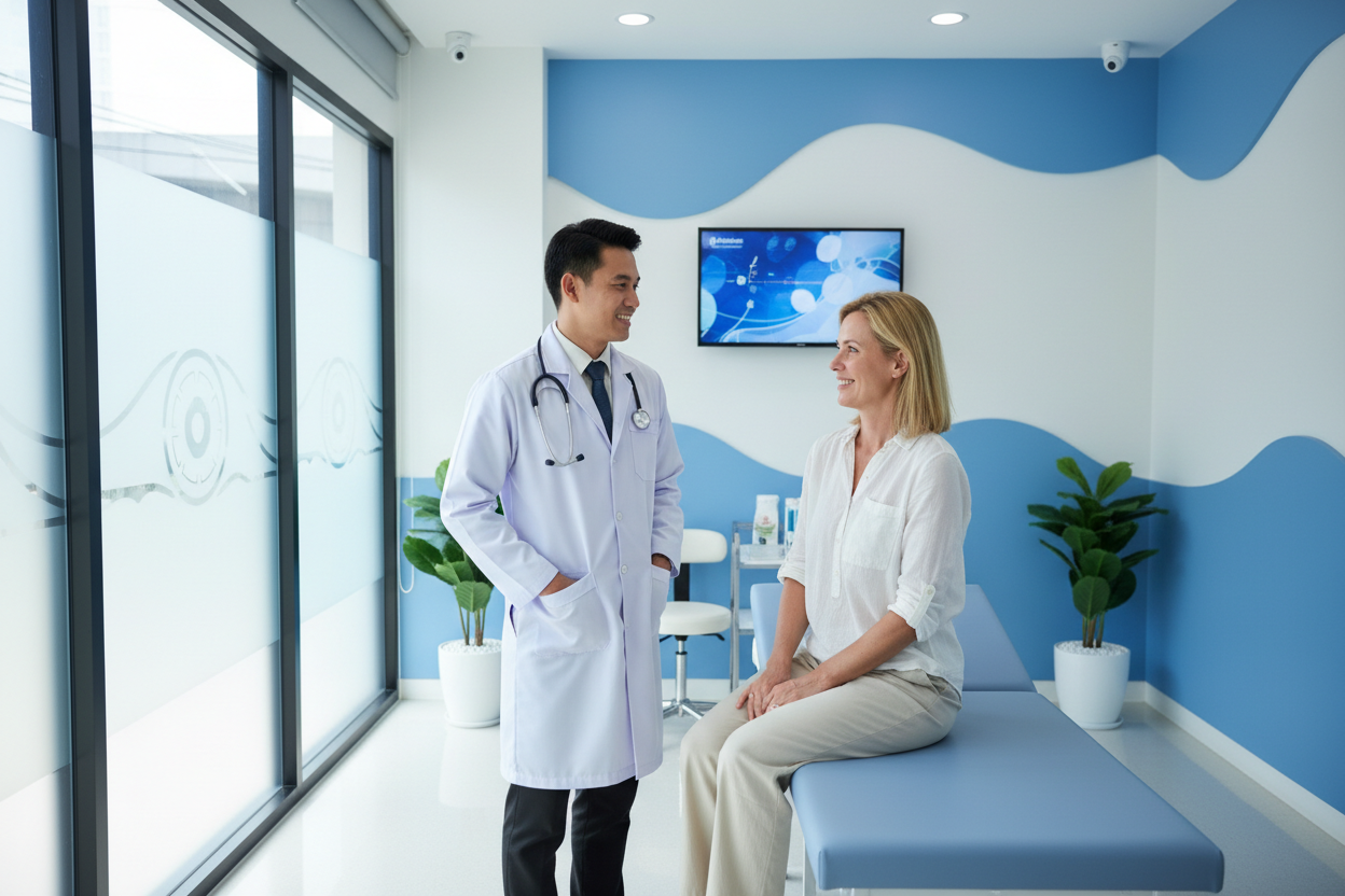Thai doctor advising a tourist on travel health at a Bangkok clinic
