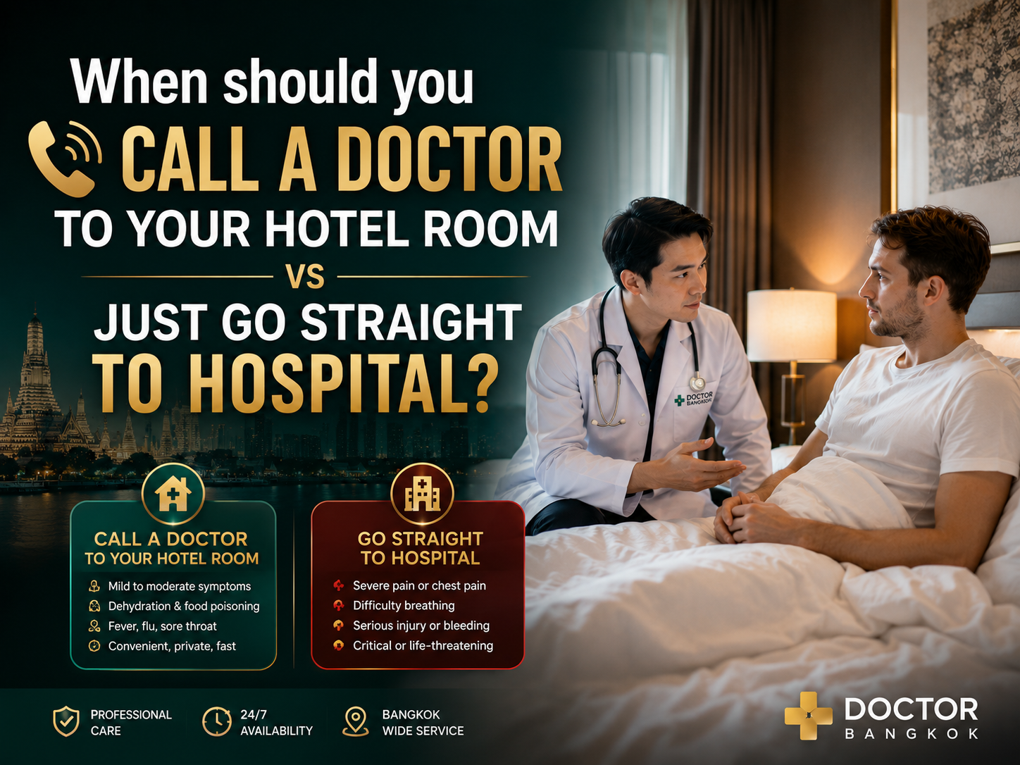When should you call a doctor to your hotel room vs just go straight to hospital?